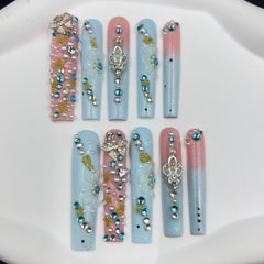 Blush - Blue Bling Handmade Nails G043