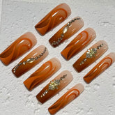 Gorgeous Handmade Nail Art: Earthy Orange - Nude Wave Design with Crystal Embellishments D062