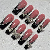 Gorgeous Handmade Pink - Black Nail Art with Crystal Butterfly Embellishments D057