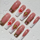 Romantic Handmade Pink & White French - Style Nail Art with Floral and Cross Embellishments D056