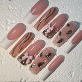 Elegant Handmade Pink & White French - Style Nail Art with Gold and Bow Embellishments D053