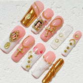 Vintage Baroque Pink Gold 3D Nail Art with Religious & Pearl Accents - Handmade Press - On NailsD049
