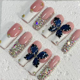 Enchanting Handmade Pink - White Nail Art with Butterfly and Crystal Embellishments D067