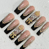 Regal Handmade Black - Nude Pink Nail Art with Crown, Butterfly & Bow Embellishments D066