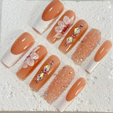 Chic Handmade French - Style Nail Art with Floral and Crystal Embellishments D074