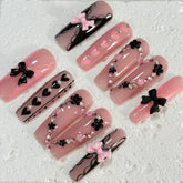 Romantic Handmade Pink Nail Art with Bow, Heart & Floral Embellishments D069