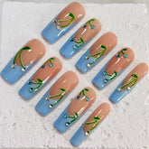 Charming Handmade Nail Art: Nude - Blue Fusion with Floral Vine and Crystal Embellishments D071