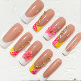 Chic Nude Pink Handmade Press - On Nails with Floral & Gold Bead Embellishments D050
