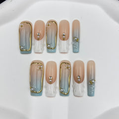 Blush - Blue Gilded Pearl Handmade Nails D022