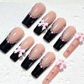 Elegant Handmade Black - Nude Pink Nail Art with Bow and Crystal Embellishments D061