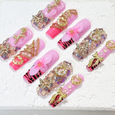 Glamorous Handmade Pink Nail Art with Zebra Print, Gemstone & Gold Embellishments D052