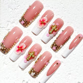 Romantic Handmade Pink & White French - Style Nail Art with Floral and Cross Embellishments D056