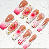 Charming Handmade Nail Art: Brown - Pink - White Fusion with Cross and Floral Embellishments D058