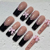 Elegant Handmade Black - Nude Pink Nail Art with Bow and Crystal Embellishments D061