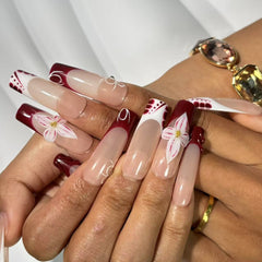 Burgundy Blossom Handmade Nails D034