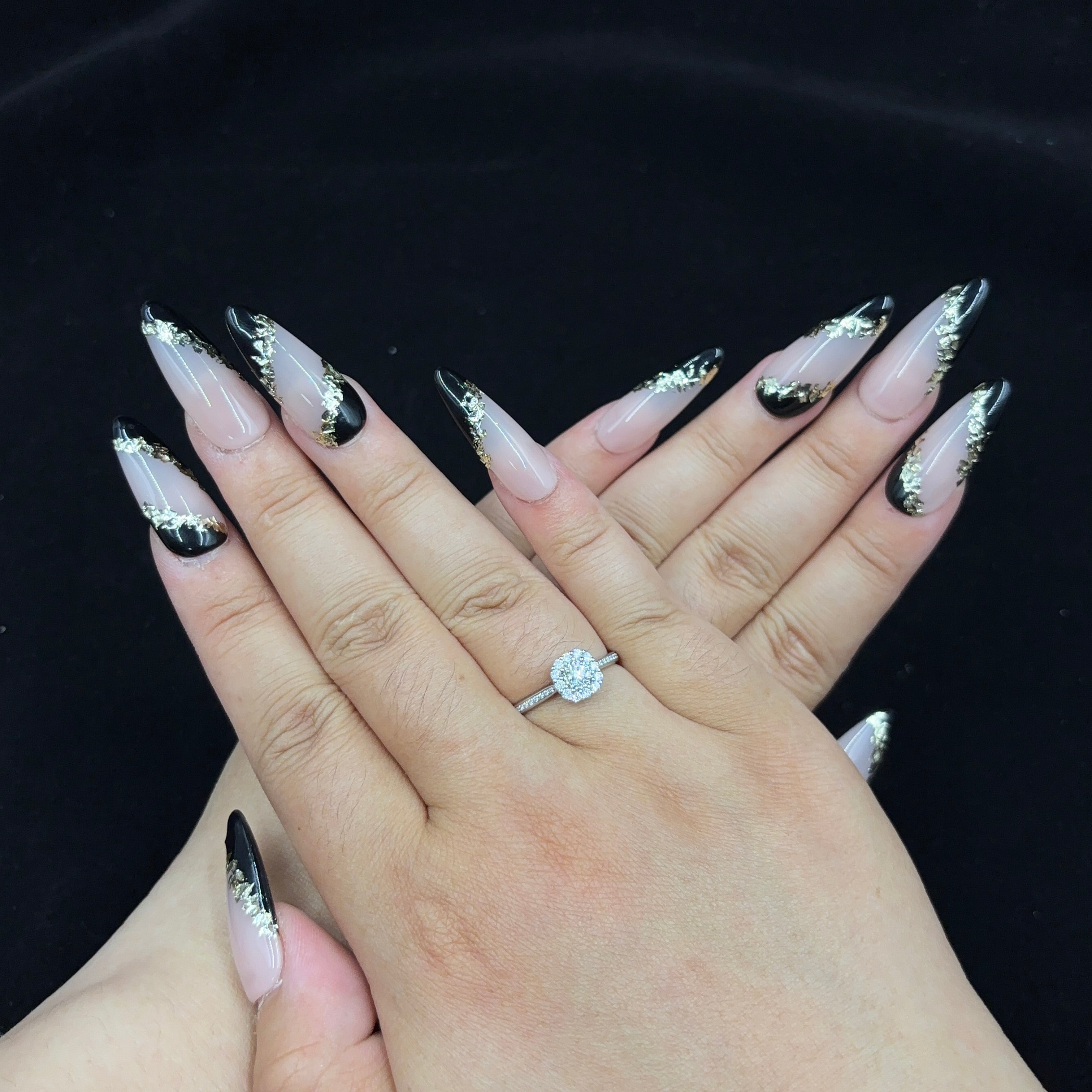 Glam Noir Gold Leaf Almond - shape Nails D027