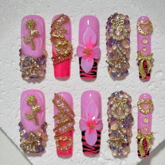Glamorous Handmade Pink Nail Art with Zebra Print, Gemstone & Gold Embellishments D052