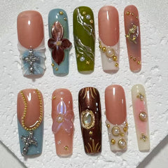 Exquisite Handmade Multicolored Nail Art with Floral and Gemstone Embellishments D051