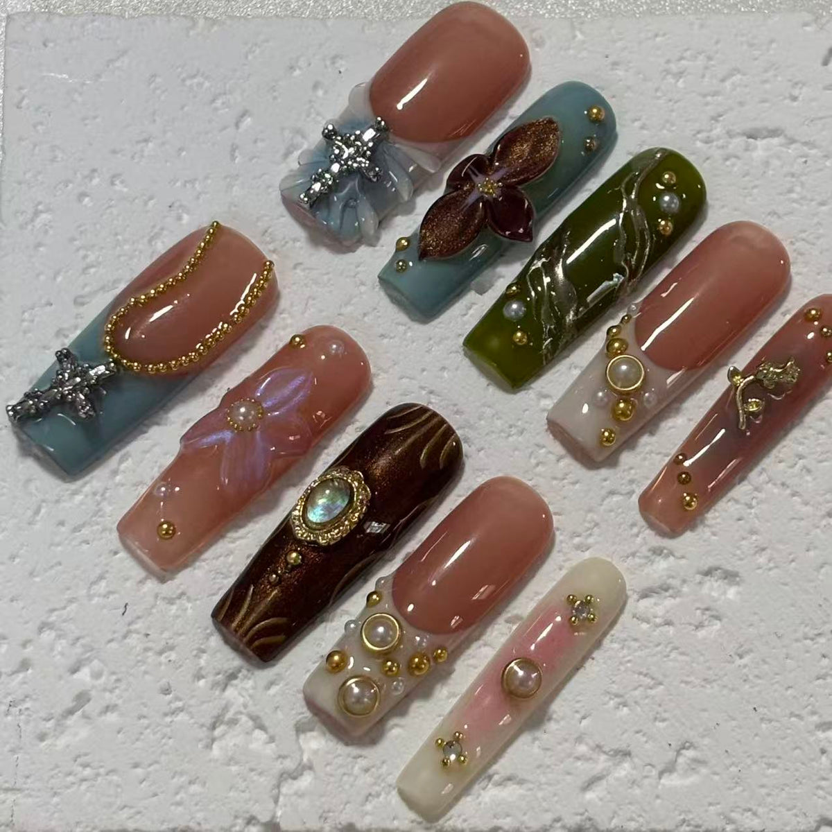 Exquisite Handmade Multicolored Nail Art with Floral and Gemstone Embellishments D051