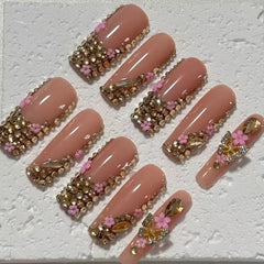 Glamorous Handmade Nude Pink Nail Art with Crystal and Floral Embellishments  D060