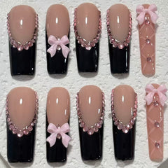 Elegant Handmade Black - Nude Pink Nail Art with Bow and Crystal Embellishments D061