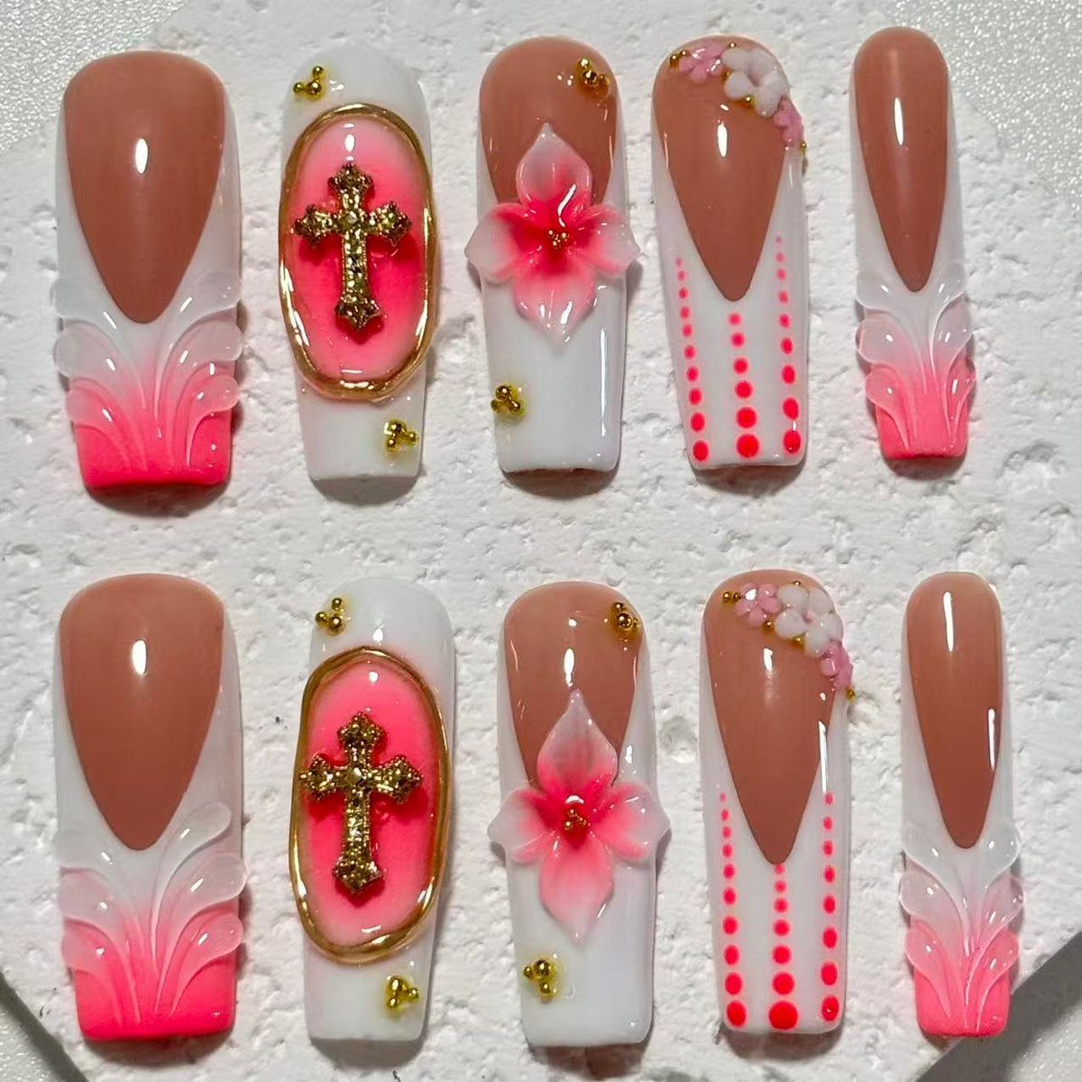Charming Handmade Nail Art: Brown - Pink - White Fusion with Cross and Floral Embellishments D058