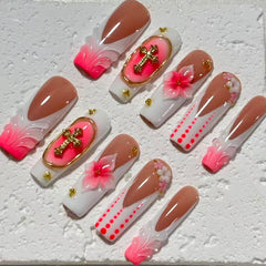 Charming Handmade Nail Art: Brown - Pink - White Fusion with Cross and Floral Embellishments D058