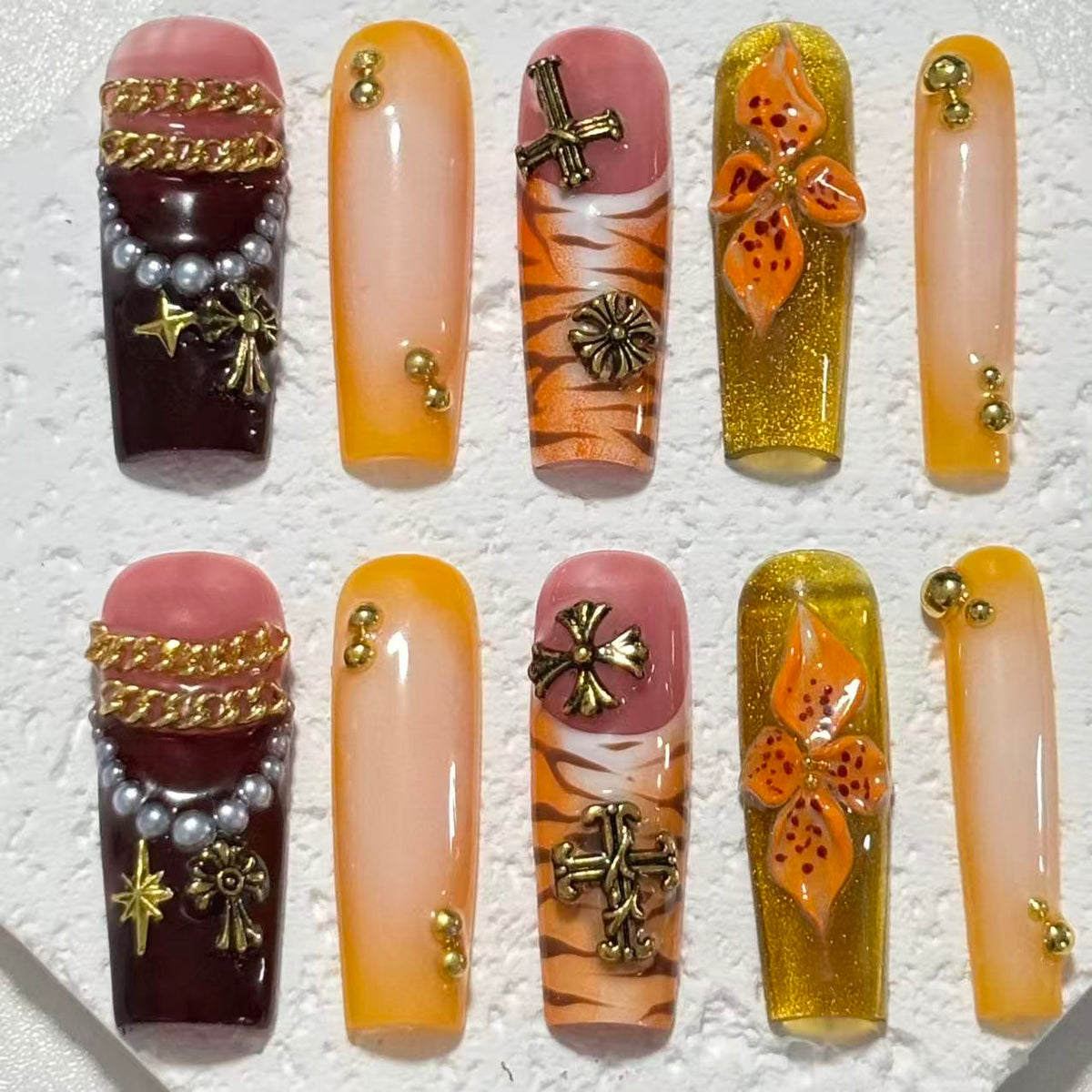 Exquisite Handmade Nail Art: Colorful Fusion with Cross, Flower & Chain Embellishments D063