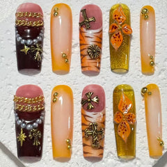 Exquisite Handmade Nail Art: Colorful Fusion with Cross, Flower & Chain Embellishments D063