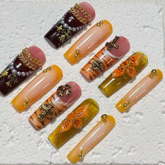 Exquisite Handmade Nail Art: Colorful Fusion with Cross, Flower & Chain Embellishments D063