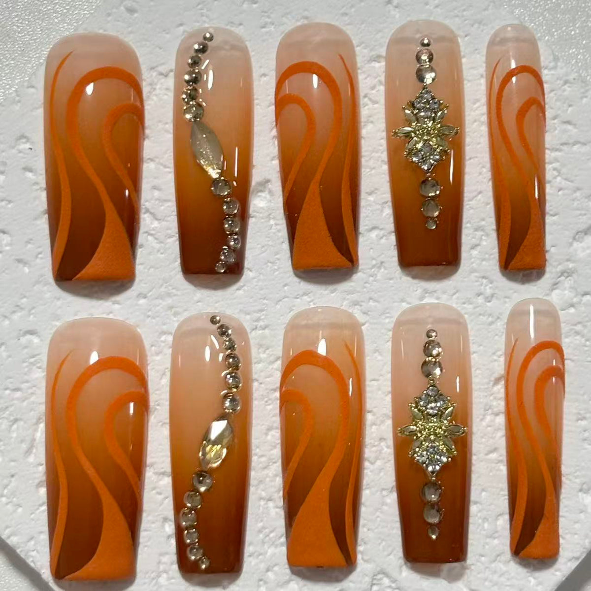 Gorgeous Handmade Nail Art: Earthy Orange - Nude Wave Design with Crystal Embellishments D062