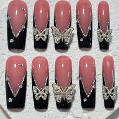 Gorgeous Handmade Pink - Black Nail Art with Crystal Butterfly Embellishments D057