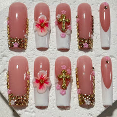 Romantic Handmade Pink & White French - Style Nail Art with Floral and Cross Embellishments D056
