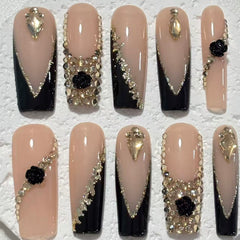 Glamorous Handmade Nude - Black French - Style Nail Art with Crystal Embellishments D055
