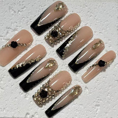 Glamorous Handmade Nude - Black French - Style Nail Art with Crystal Embellishments D055