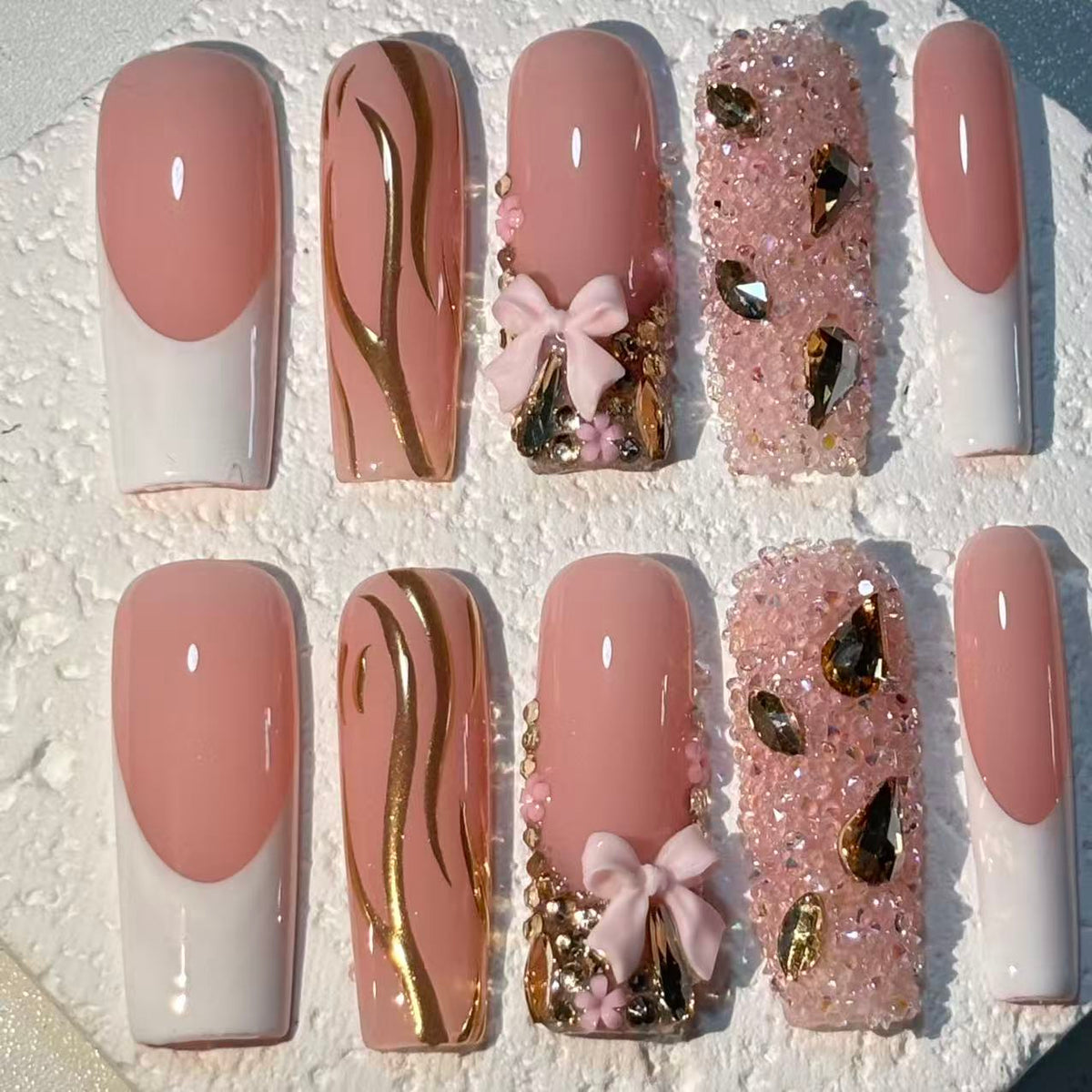Elegant Handmade Pink & White French - Style Nail Art with Gold and Bow Embellishments D053