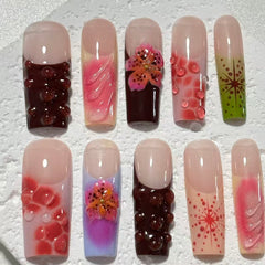 Enchanting Handmade Nail Art: Delicate Floral and Textured Designs D065