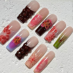Enchanting Handmade Nail Art: Delicate Floral and Textured Designs D065