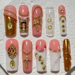 Vintage Baroque Pink Gold 3D Nail Art with Religious & Pearl Accents - Handmade Press - On NailsD049