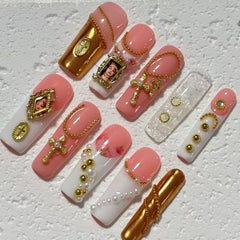 Vintage Baroque Pink Gold 3D Nail Art with Religious & Pearl Accents - Handmade Press - On NailsD049