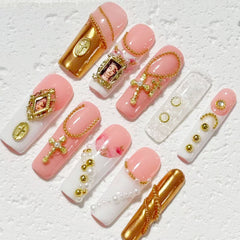 Vintage Baroque Pink Gold 3D Nail Art with Religious & Pearl Accents - Handmade Press - On NailsD049