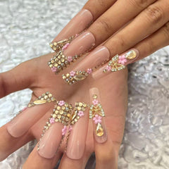 Glamorous Handmade Nude Pink Nail Art with Crystal and Floral Embellishments  D060