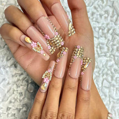 Glamorous Handmade Nude Pink Nail Art with Crystal and Floral Embellishments  D060