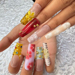 Vibrant Handmade Nail Art: Diverse Patterns and Embellishments Collection D064