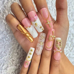 Vintage Baroque Pink Gold 3D Nail Art with Religious & Pearl Accents - Handmade Press - On NailsD049