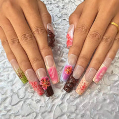 Enchanting Handmade Nail Art: Delicate Floral and Textured Designs D065