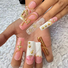 Vintage Baroque Pink Gold 3D Nail Art with Religious & Pearl Accents - Handmade Press - On NailsD049