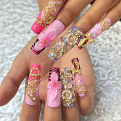 Glamorous Handmade Pink Nail Art with Zebra Print, Gemstone & Gold Embellishments D052