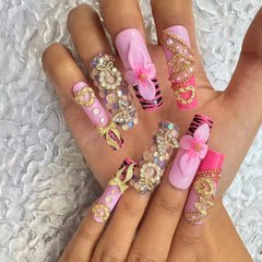 Glamorous Handmade Pink Nail Art with Zebra Print, Gemstone & Gold Embellishments D052