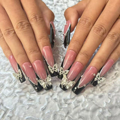 Gorgeous Handmade Pink - Black Nail Art with Crystal Butterfly Embellishments D057